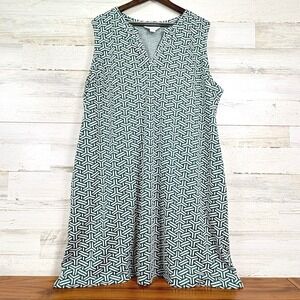 Liz Claiborne Dress 2X Green White Geometric Sleeveless V Neck Knee Length